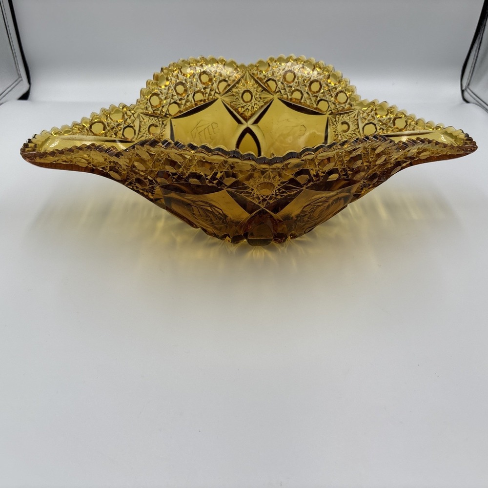 Vintage Amber Color Cut Glass Cane Button Banana Boat Bowl 14.5"‎ x 8"